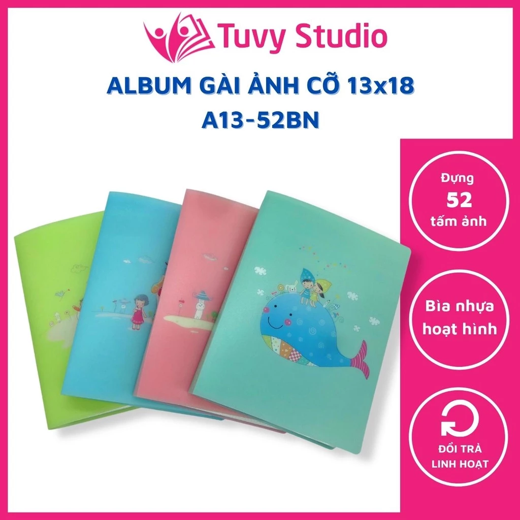 Album đựng ảnh 9x12, 10x15, 13x18 để 52 tấm bìa nhựa hoạt hình sắc màu để ảnh cho con, quà tặng ý nghĩa Tú Vy Studio