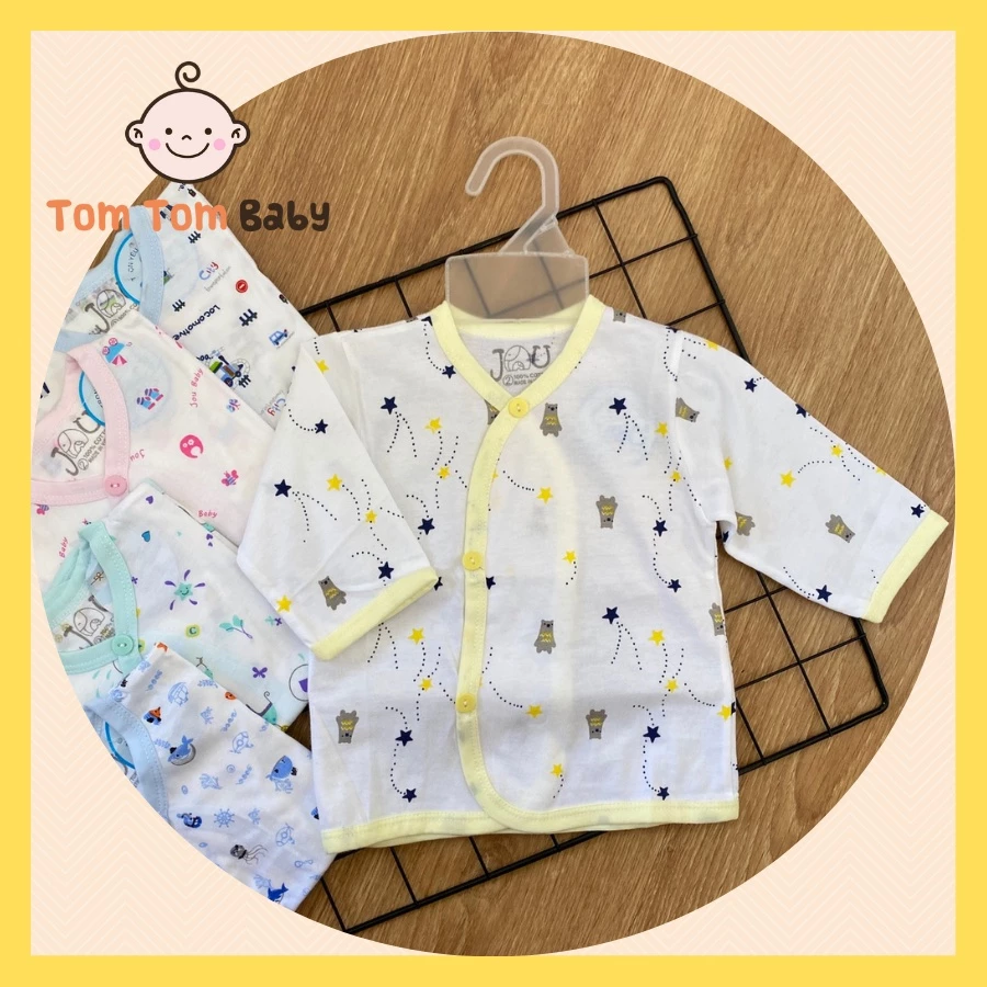 1 Áo sơ sinh Tay Dài cotton cao cấp JOU | Mẫu Tay Dài Họa Tiết Cài Nút Xéo | Size 1,2,3 cho bé sơ sinh - 9kg