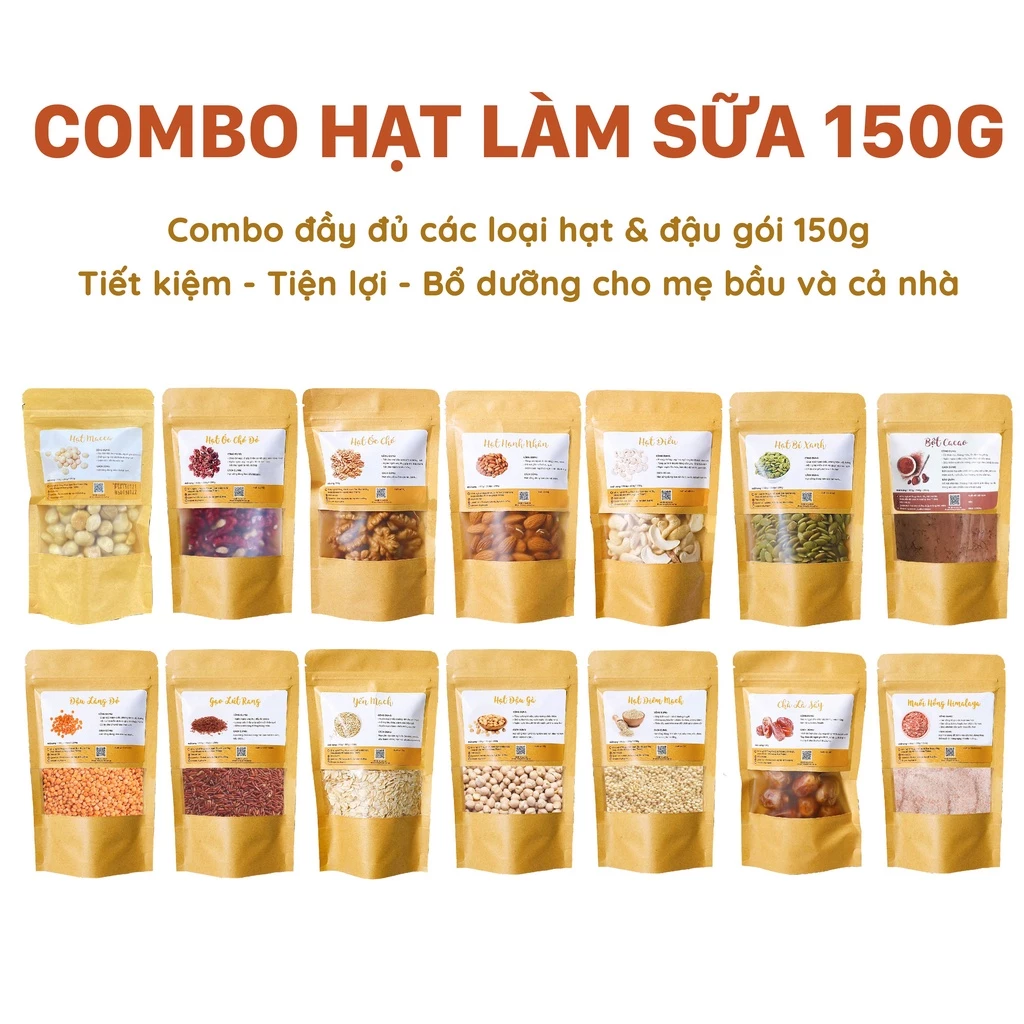 COMBO HẠT LÀM SỮA HẠT, CHÁO DINH DƯỠNG GÓI 150G - Tặng Sổ Tay Công Thức Sữa Hạt và 100G Chà Là tạo ngọt