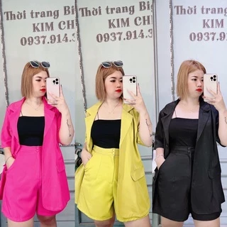 (Shop bigsize nữ 50kg đến 90kg ) Set bộ cổ vest phối cùng quần short, quần đùi thanh lịch (không kèm áo dây)