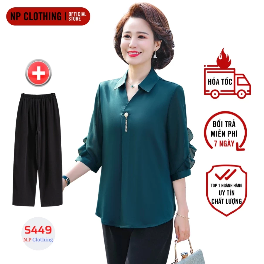 Set Quần Áo Trung Niên S449, Áo Sơ Mi Lụa Phối Quần Ống Suông Kèm PK Cao Cấp |Thời Trang NP CLOTHING