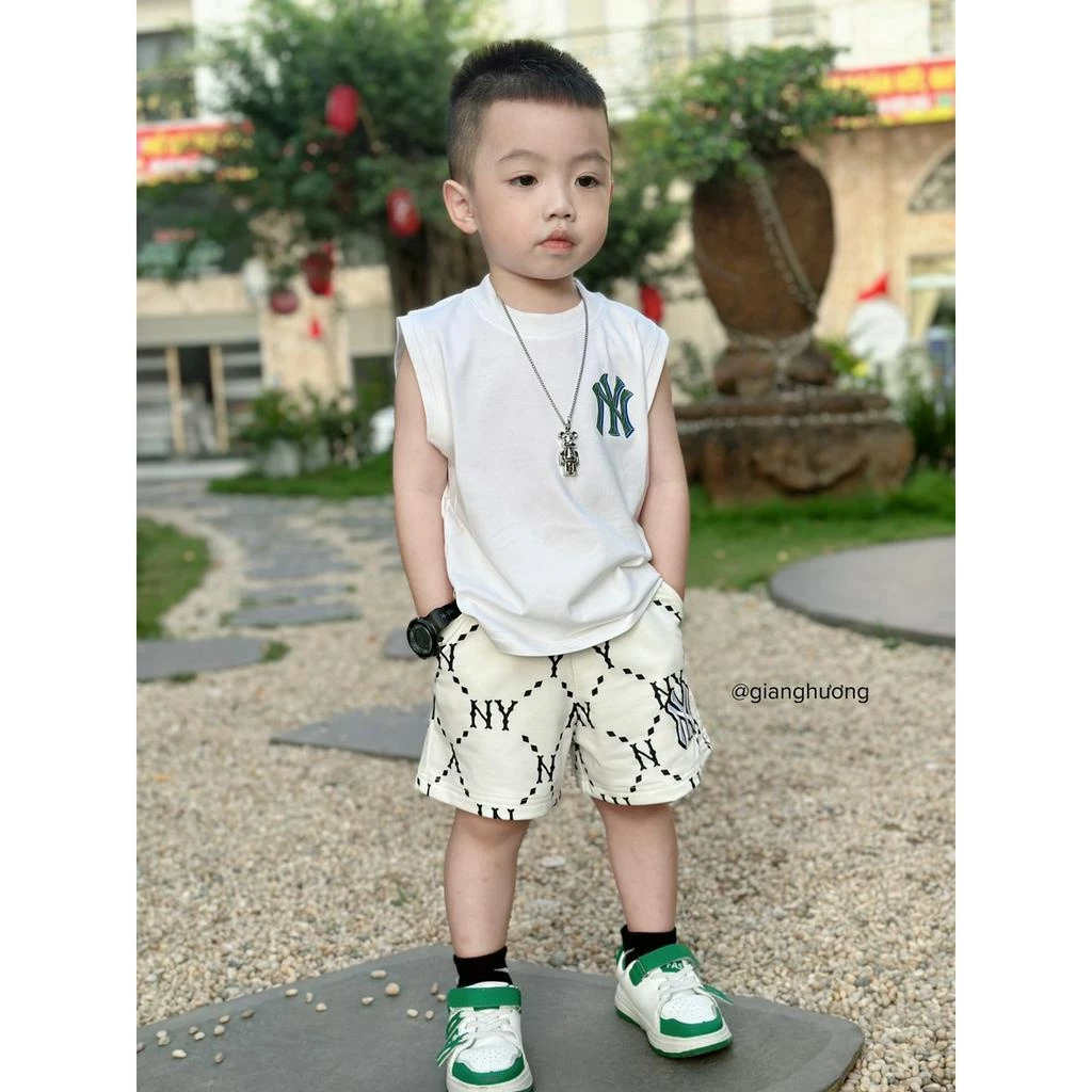 Set quần áo tank top in hình MLB NY cho bé trai chất cotton co giãn thoáng mát, thấm hút mồ hôi HOBI KIDS