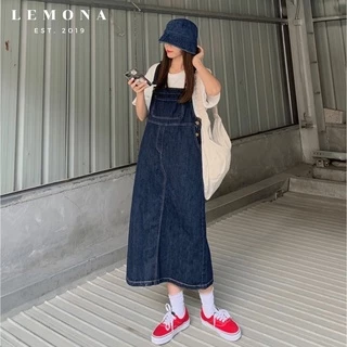 Váy Yếm Bò Dài Dáng Rộng Oversize Yếm Jeans Phong Cách Hàn Quốc