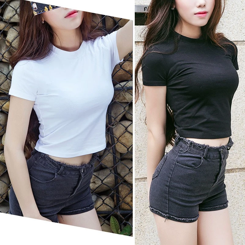 Sale Áo croptop ôm body ngắn tay, áo thun croptop trơn cổ tròn dáng ôm đẹp