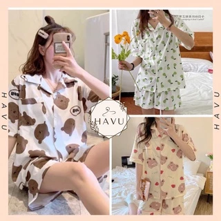 Bộ pijama CỘC ĐÙI hoạt hình nhiều mẫu - Set áo sơ mi cộc tay mặc nhà kèm sooc đùi ống rộng họa tiết dễ thương, cute