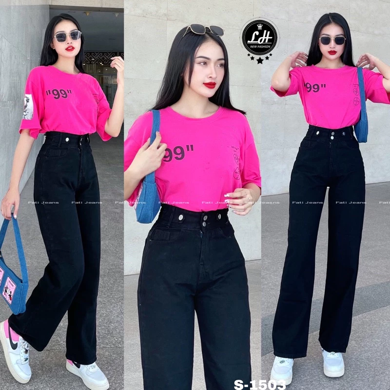 Quần jean ống rộng nữ bigsize Lê Huy Fashion lưng cao 2 nút màu xám đen kiểu khuyên lưng MS 503