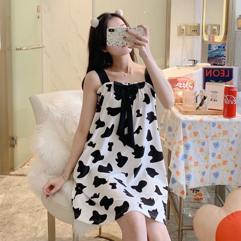 Váy Ngủ- Đầm Mặc Nhà nữ 2 dây họa tiết Bò Sữa chất cotton mềm mát  V291