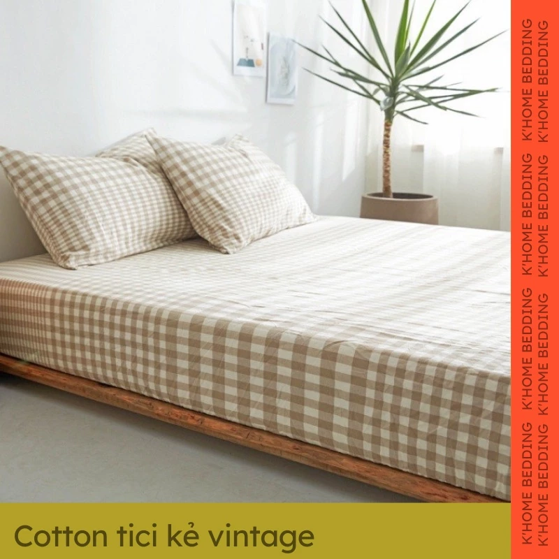 Bộ ga giường cotton tici kẻ vintage vải dày, họa tiết kẻ cá tính đủ size nệm 1m2 1m4 1m6 1m8 2m2