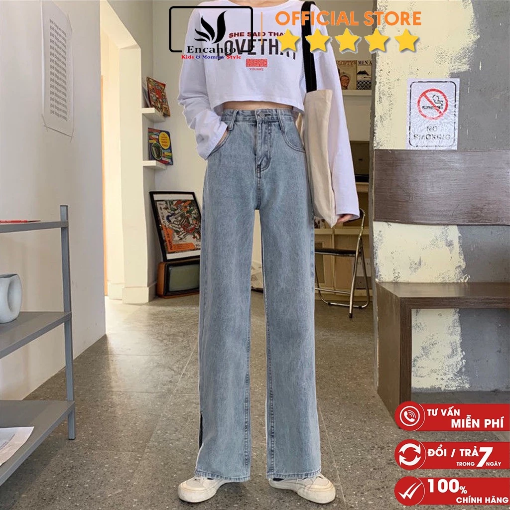 Quần bò nữ xuông ulzzang jean ống rộng form basic cạp cao họa tiết trơn dễ phối đồ có bigsize Encanto (677)