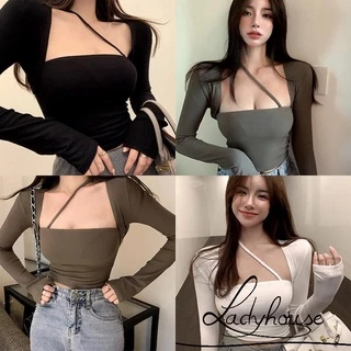 Áo croptop dây phối áo ngoài tay dài gợi cảm thời trang cho nữ có 3 màu tùy chọn