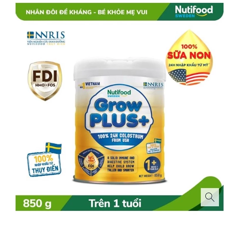 Sữa Nutifood Grow Plus colostrum sữa non 1+ cho trẻ suy dinh dưỡng thấp còi loại 850 gam (Growplus vàng)