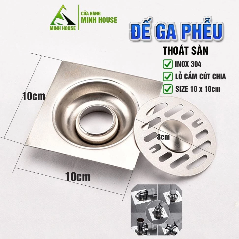 Đế phễu ga thoát sàn Inox 10x10cm có lỗ lắp cut chia thoát nước máy giặt Minh House