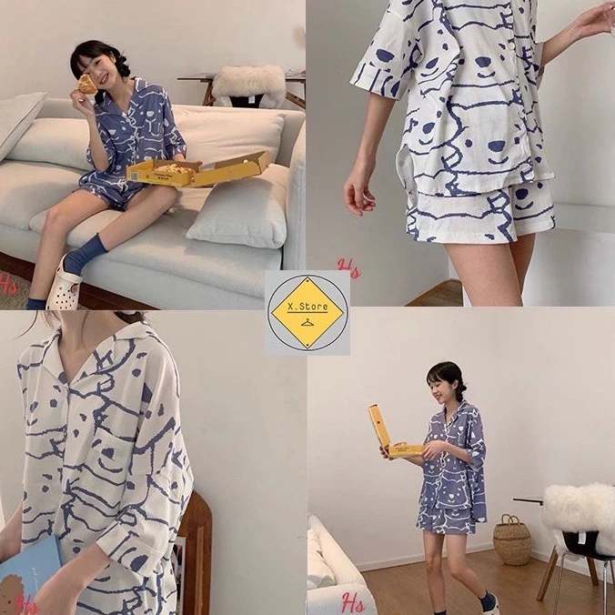 [ GIẢM GIÁ SỐC ] Set Bộ Ngủ Pijama Nữ Dáng Rộng In Full Gấu Siêu Hot Siêu Kute KT43