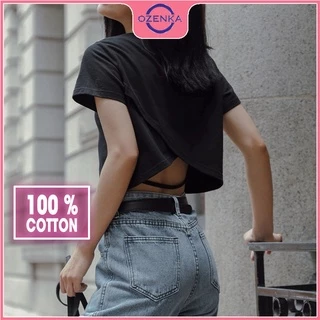 Áo croptop cộc tay lưng đắp chéo OZENKA , áo crt hở lưng 2 lớp chất thun gân 100% cotton đen trắng size dưới 50kg