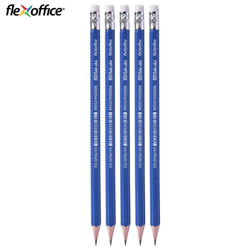 Combo 5 Bút chì gỗ 2B Flexoffice FO-GP06/VN thân lục giác, có gôm, dễ dàng bôi xóa, chì ra đều mịn, cho cảm giác viết êm