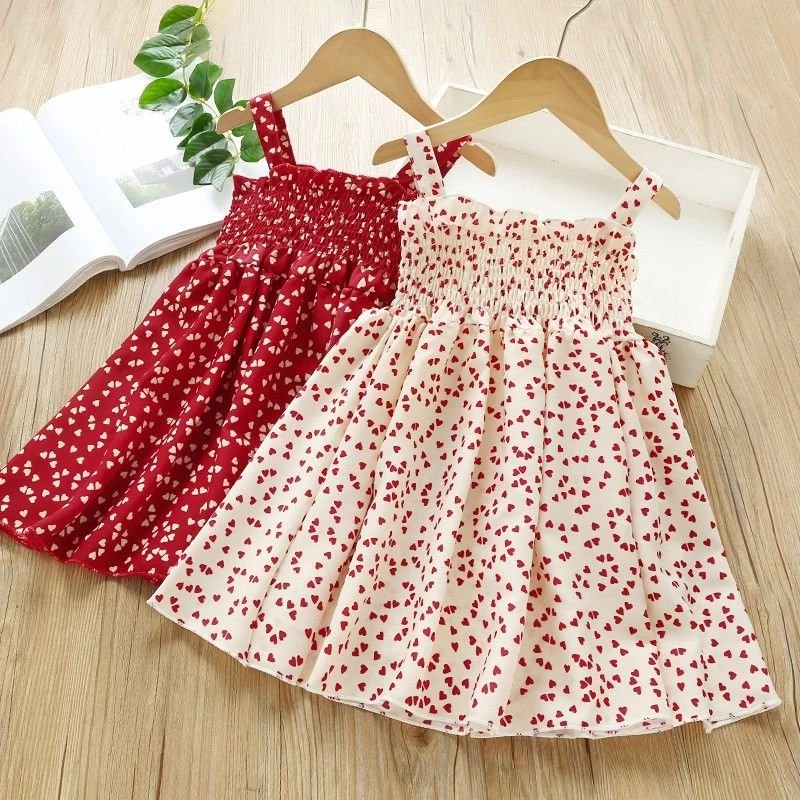 Đầm bé gái váy 2 dây họa tiết chấm bi trái tim mặc hè cho bé - MAXI