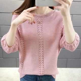 Áo Sweater Dệt Kim Mỏng Tay Lỡ Cổ Tròn Thiết Kế Đục Lỗ Dễ Phối Đồ Thời Trang Cho