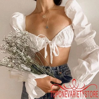 Áo Croptop Tay Loe Dài Màu Trơn Cổ Khoét Sâu Gợi Cảm Cho Nữ