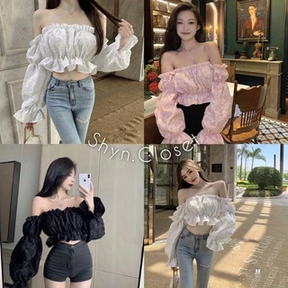 [RẺ VÔ ĐỊCH] Áo trễ vai hoa gấm bánh bèo Croptop hở vai tay bồng bèo nhún, Áo hở vai đi biển tay dài gấm xốp Shyn.Closet