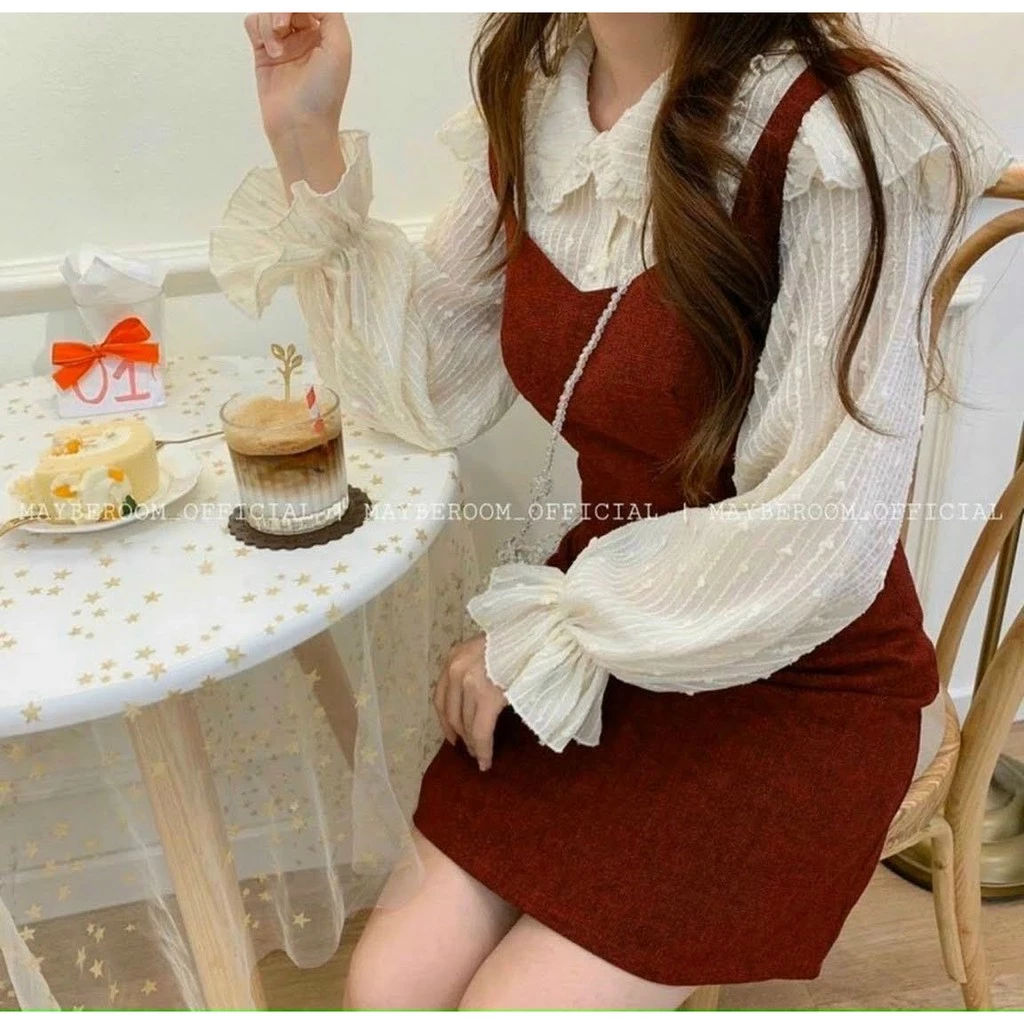 [Tặng Phụ Kiện] 🎁🎁 VÁY YẾM ĐỎ PHỐI ÁO SƠ MI NHŨ CỔ SEN TIỂU THƯ (có ảnh thật)