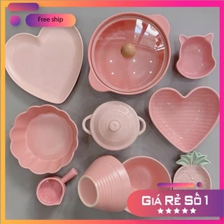 Chén Sứ Bát Ăn Cơm Bộ Bát Đĩa Decor Chén Dĩa Sứ Mầu Hồng Dễ Thương Cute Cao Cấp S102