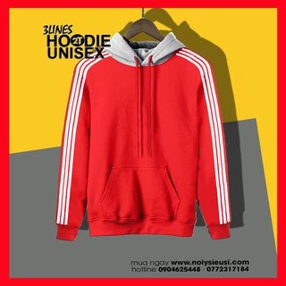 Áo Hoodie 3Lines nón xám unisex 2T Store H3L02 màu đỏ - Áo khoác nỉ chui đầu 3 sọc nón may 2 lớp dày dặn chất lượng