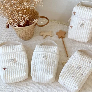 Túi Đựng Tã Lót Vải Cotton Nguyên Chất Thêu Họa Tiết Có Khóa Kéo Treo Xe Đẩy Em Bé Phong Cách Hàn Quốc Mới