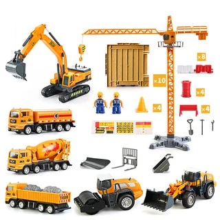 Bộ đồ chơi xe công trình xây dựng gồm nhiều loại xe và biển báo có hộp đựng