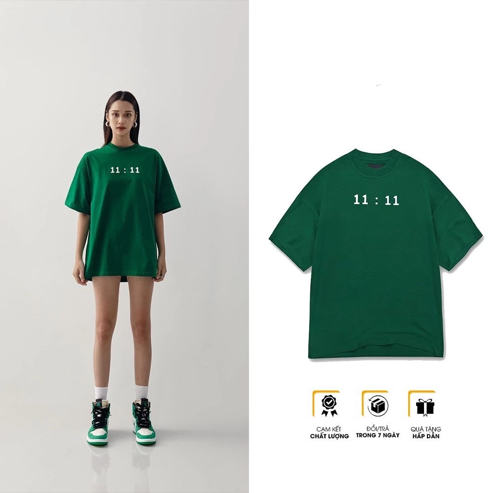 Áo Thun Xanh Lá in 11:11 Áo Phông Xanh Lá Nam Nữ Chất Liệu Cotton Phong Cách Ulzzang