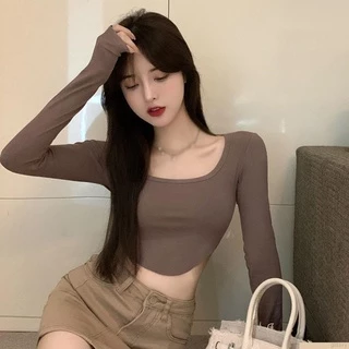 Áo thun croptop tay dài cổ tròn dáng ôm màu trơn phong cách Hàn Quốc thời trang cho nữ