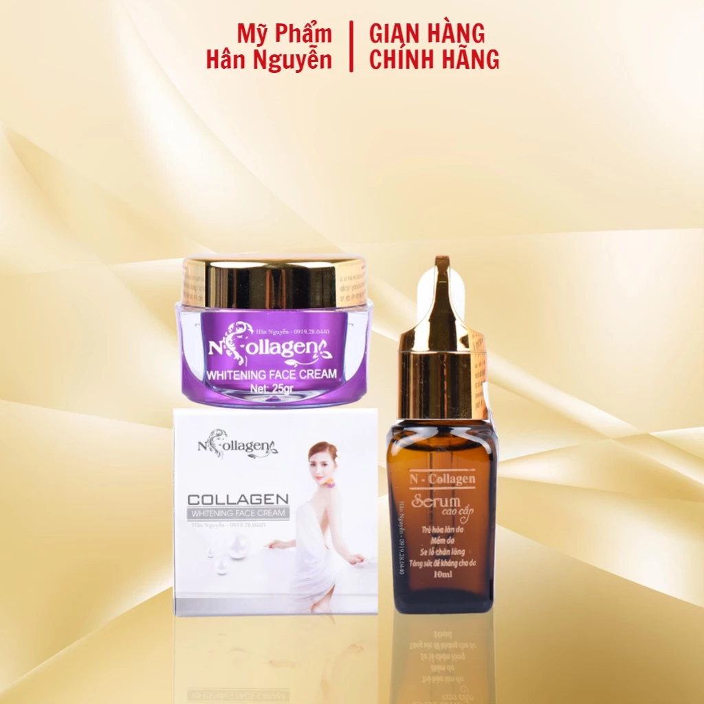 Bộ dưỡng trắng da - Kem face tím serum giữ ẩm mờ thâm nám Ncollagen Hân Nguyễn 35g