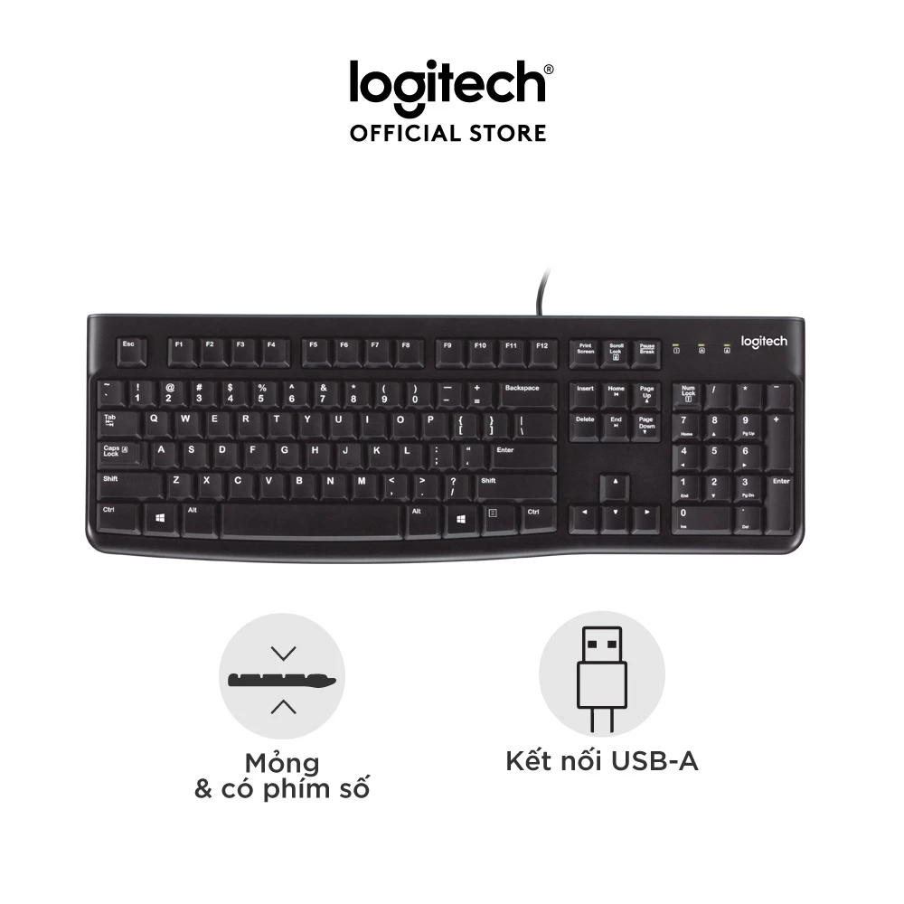 Bàn phím có dây Logitech K120 - Bền bỉ, chống tràn, kích thước đầy đủ có phím số