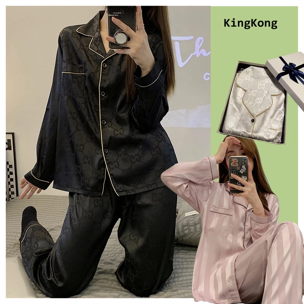 Bộ Đồ Ngủ Lụa Satin Tay Dài Dáng Rộng In Chữ Thời Trang Thu Đông Cho Nữ Size M-5XL