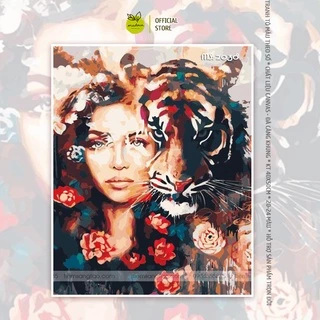Tranh tô màu theo số hóa Madoca có khung 40x50cm chân dung cô gái bên hổ T2038