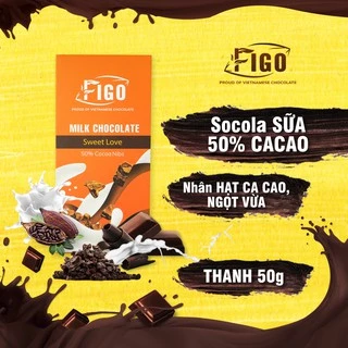 Kẹo Socola sữa hạt cacao nibs 50% cacao ngọt vừa Figo 50g, đồ ăn vặt văn phòng siêu ngon