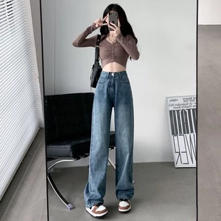 Quần jean bò nữ denim ống rộng suông lưng cạp cao form rộng chất đẹp GUGUNO ulzzang