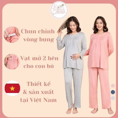 Bộ Bầu Mặc Nhà Cotton Cao Cấp, Đồ Bầu Sau Sinh Mở 2 Bên Cho Con Bú Và Quần Chun Chỉnh Bụng, Dài Tay Bella Mama - Bbmn1