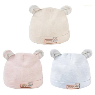 Mũ beanie cotton màu trơn đính tai gấu dễ thương cho bé 0-6 tháng tuổi