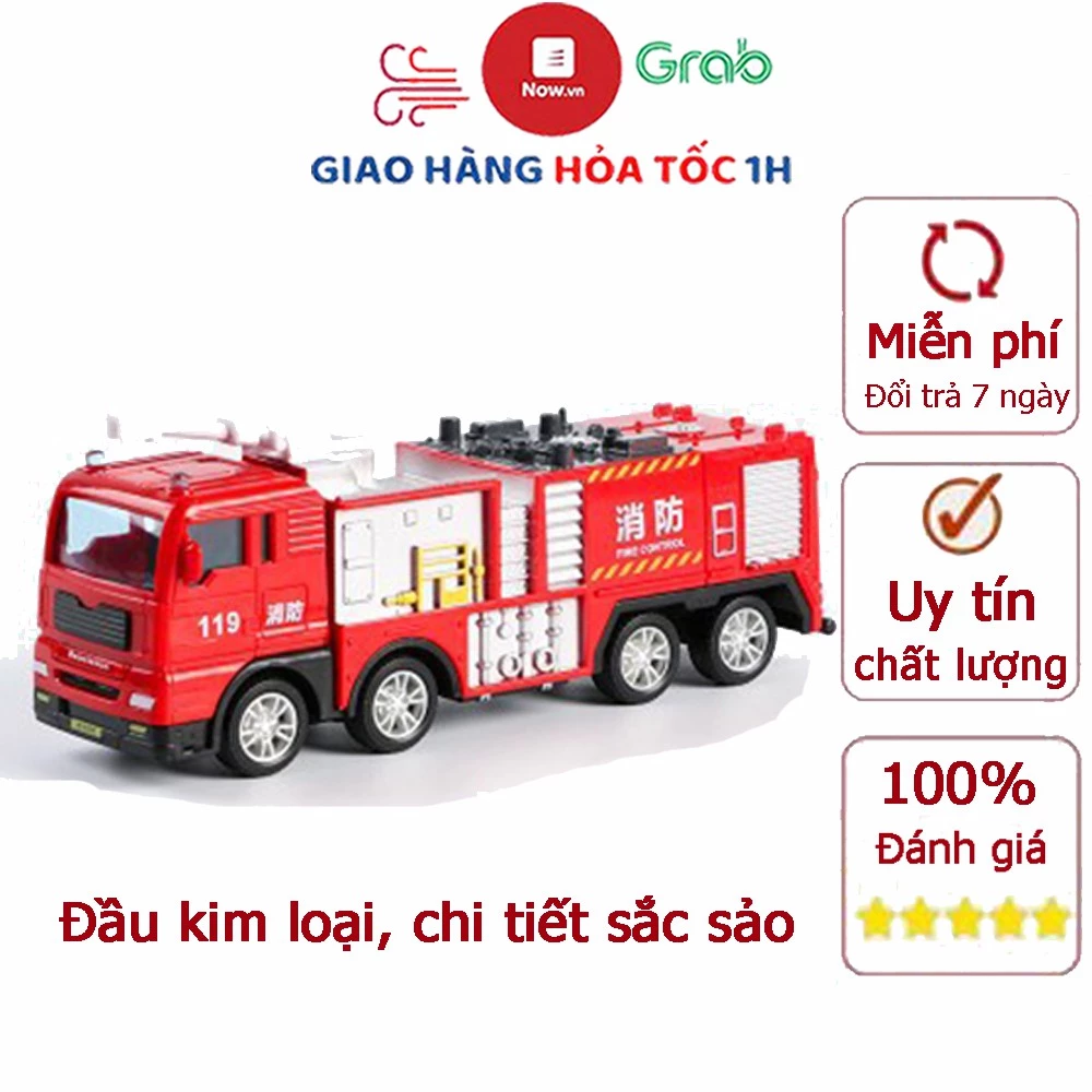 Đồ chơi mô hình xe cứu hỏa chở nước đầu xe bằng kim loại, chạy đà rất xa, chi tiết sắc sảo