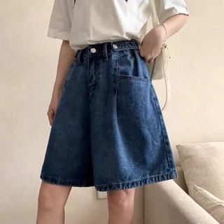 Quần short Cotton Ống Rộng, Quần Short Jean Lưng Cao, Không Giãn, Quần Suông Lửng Xanh Đậm Basic