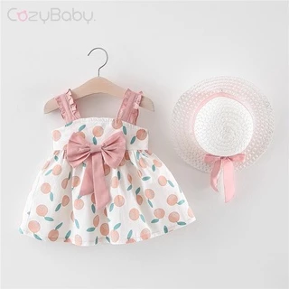 2024 2 Chiếc Mới Bé Gái Đầm Baju Bayi Tập Đi Trẻ Em Đầm Công Chúa Quần Áo Bé Gái Mũ Bé