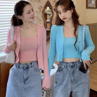 Bộ Áo Hai Dây + Áo Khoác Cardigan Phong Cách Hàn Quốc Quyến Rũ Cho Nữ