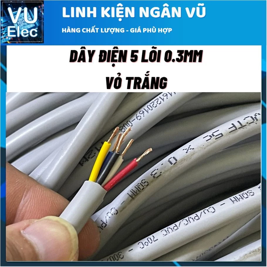 2 Met Dây điện 5 lõi 0.3MM Đồng nguyên chất nhiều sợi vỏ trắng