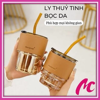 Cốc thuỷ tinh màu hổ phách vỏ da có nắp và ống hút, ly uống nước đẹp sang chảnh_MC888