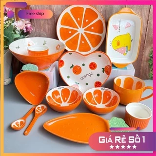 Bát Ăn Cơm Bộ Bát Đĩa Decor 🐠Bộ Chén Dĩa Sứ Màu Cam🐠 Cao Cấp Siêu Đẹp S120