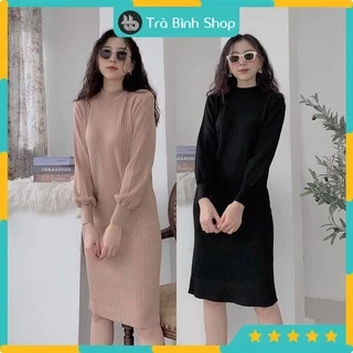 Váy dáng suông dài tay bo chun chất len tăm mịn cổ cao, Đầm nữ dài cổ tròn mùa thu đông 3 màu - Trabinhshop