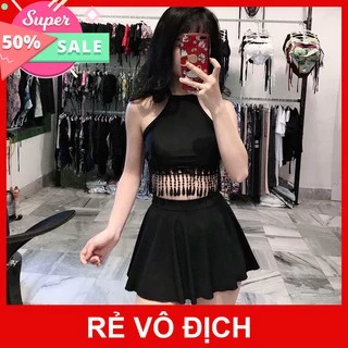 Bikini 2 mảnh váy lưng cao che bụng mix áo yếm tua rua màu đen baby (có đủ size)