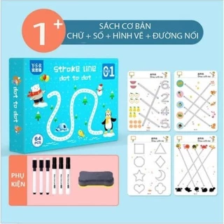 Bộ vẽ nét cơ bản STROKE LINE DOT TO DOT 64 trang - Đồ chơi thông minh tập tô, nối chữ cho bé (Tặng kèm 6 bút,1 bông xóa)