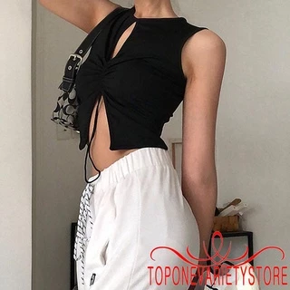 Áo kiểu croptop sát nách màu trơn thiết kế dây rút màu đen thời trang mùa hè dành cho nữ