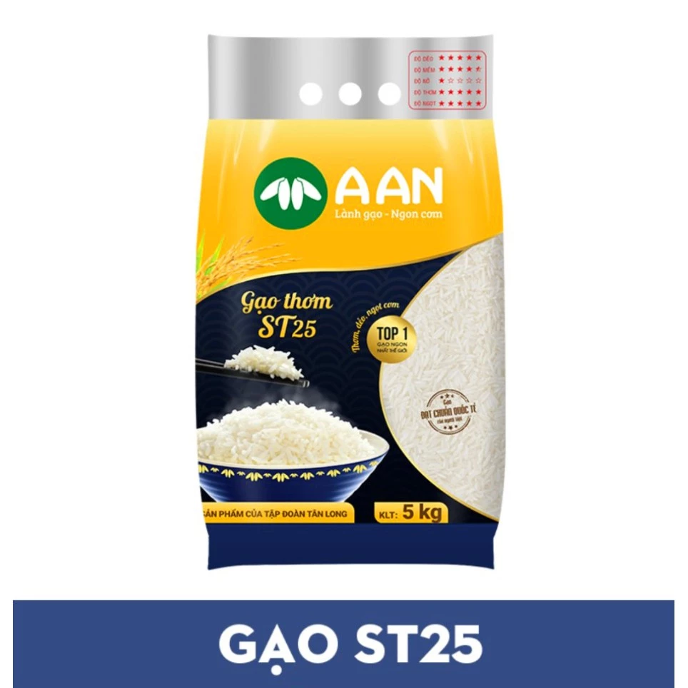 Gạo ST25 Túi 5Kg A An Cơm mềm dẻo, thơm nhẹ, vị ngọt Top 1 Gạo Ngon Thế Giới